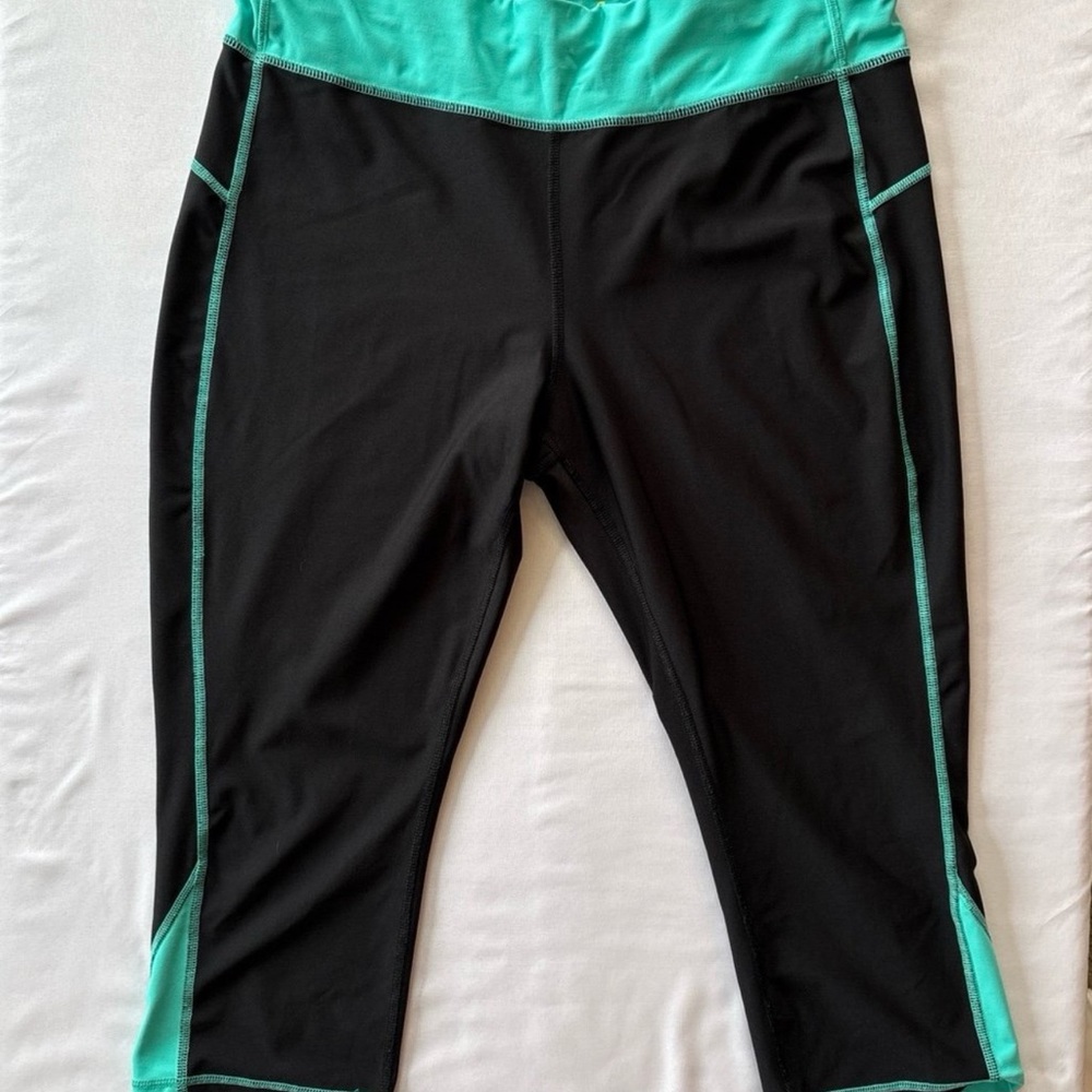 Xersion Black Leggings with Teal and Lavender Waistbands - Picture 4 of 10